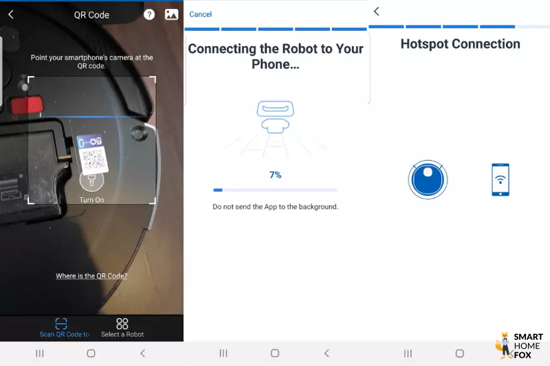 The app set-up process of the Ecovacs Deebot X1 OMNI is shown.